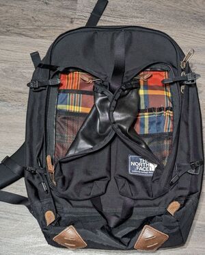 TNF The North Face Backpack Crevasse Heritage Pack Black Leather Plaid A93M RARE